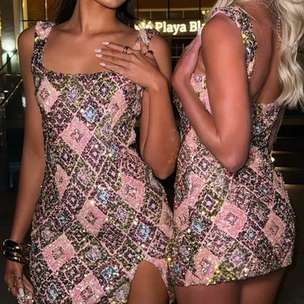 Colorful Rhombus Sequins Sexy Mini Dress Elegant Chic Straps Slit Bodycon Party Dresses Summer Holidays Evening Women Dress 2025