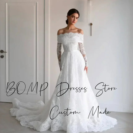 BOMP Elegant Lace Wedding Dress Sweetheart Off Shoulder Full Sleeves Sweep Train Ivory Bridal Gown Customized Robe De Mariée
