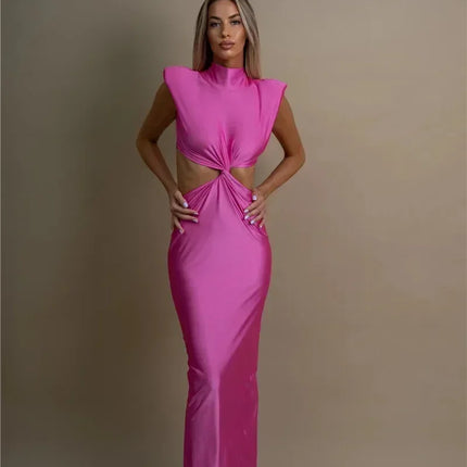 Mozision Hollow Out Turtleneck Sexy Maxi Dress For Women Fashion Solid Sleeveless Bodycon Tank Dresses Femme Club Party Dress