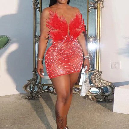 Znaiml Sexy Feathers Rhinestones Backless Diamond Sheer Mesh Bodycon Dresses for Woman Rave Club Birthday Party Night Vestidos