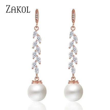 ZAKOL Fashion Round Imitation Pearls Drop Earrings for Women Shinny Zirconia Crystal Leaf Long Bridal Earring Wedding Jewelry