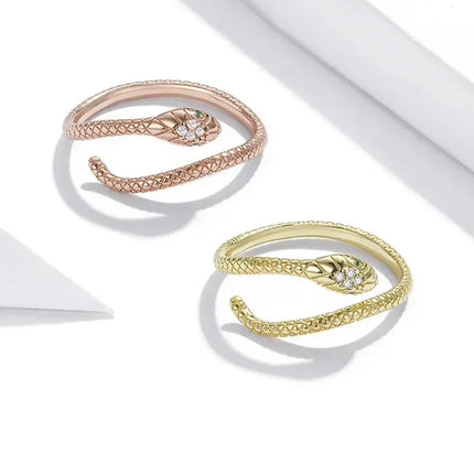 BAMOER 925 Sterling Silver Platinum Plated Adjustable Ring, Green Zircon Retro Textures Snake Ring Fashion Jewelry 4 Colors