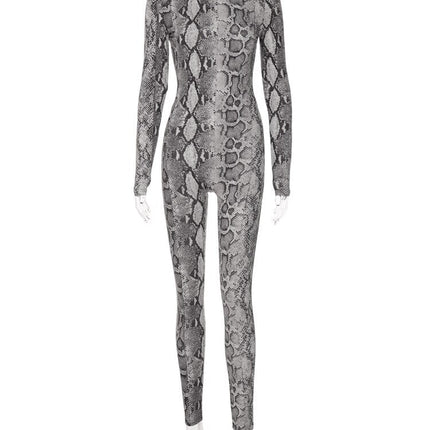 Snake Print Turtleneck Long Sleeve Zip Up Sexy Bodycon Jumpsuit Streetwear
