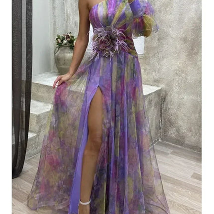 Elegant Oblique Shoulder Single-sleeve  Zipper High Slit Mesh Long Dress For Women Fashion Flower Decoration Party Dress Female