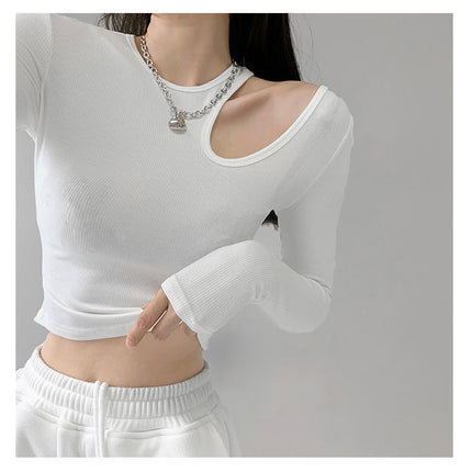 Hollow T-shirt Women Fashion Slim Y2K Cropped Tops Off Shoulder Long Sleeve Tees Woman