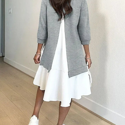 Spring Women O-Neck Long Sleeve Loose Mini Dress Autumn Vintage Sweatshirt Dresses Casual Fashion Patchwork Ruffles A-Line Dress