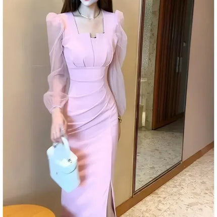 Gentle Temperament Slim Fit Dress with Women's Sleeves Square Neckline Pleated Solid Color Slimming Effect Medium Length Skirt