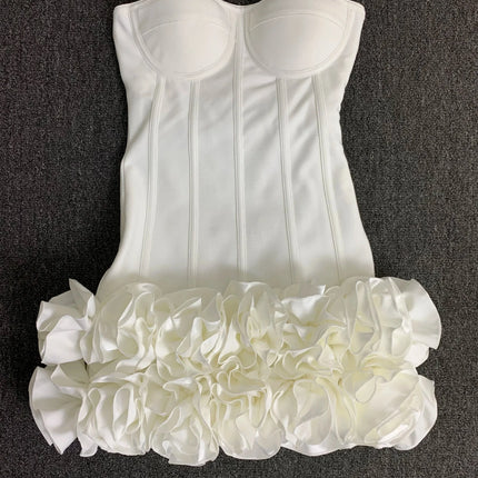 Real Photos Women New Bandage Dress Strapless Laced Up Back Flowers Hem Bodycon Mini Celebrity Evening Party Birthday Dresses