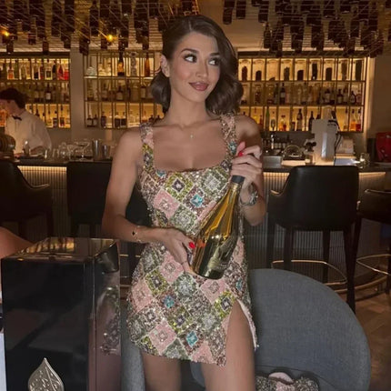 Colorful Rhombus Sequins Sexy Mini Dress Elegant Chic Straps Slit Bodycon Party Dresses Summer Holidays Evening Women Dress 2025