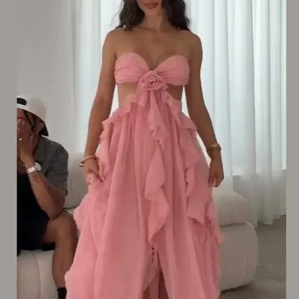 Chic Women Spring Hollow Out 3d Flower Ruffled Hem Long Dress Elegant Off Shoulder Backless Robe 2025 New Lady Street Party Gown