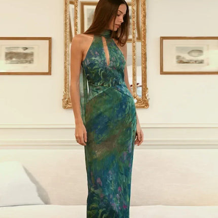 Sexy See Through Deep V Neck Maxi Dress Backless Sleeveless Lace Up Halter Robes Printed Party Vestidos 2025 New Lady Dresses