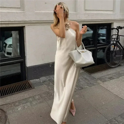 MUJER Flower Halter Dress Woman Off Shoulder Satin Long Dress Women Backless Sexy Evening Dresses Summer Party Dresses For Women