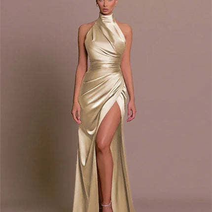 Ladies Summer Satin Evening Birthday Party Dresses Women Sleeveless Backless Halter Side Slit Elegant Long Dress Mowan Clothes