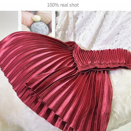 Classic Golden Velvet Pleated Skirt High Waist Retro Style Fashion Office Lady Pleated Long Skirt Winter Velvet Skirt 90cm Long