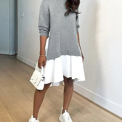 Spring Women O-Neck Long Sleeve Loose Mini Dress Autumn Vintage Sweatshirt Dresses Casual Fashion Patchwork Ruffles A-Line Dress