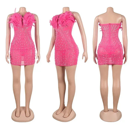Znaiml Sexy Feathers Rhinestones Backless Diamond Sheer Mesh Bodycon Dresses for Woman Rave Club Birthday Party Night Vestidos