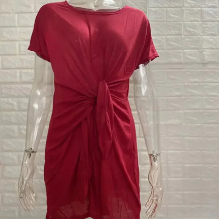 Dress Women Summer O-neck Short Sleeve Asymmetrical Lace Up Waist Solid Color Dresses 2022 Casual Vestidos Dropshipping JQMY9675