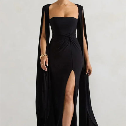 Mozision Long Cape Sleeve Split Maxi Dress For Women Gown Fashion Solid Square Collar Evening Sexy Long Dress Elegant New