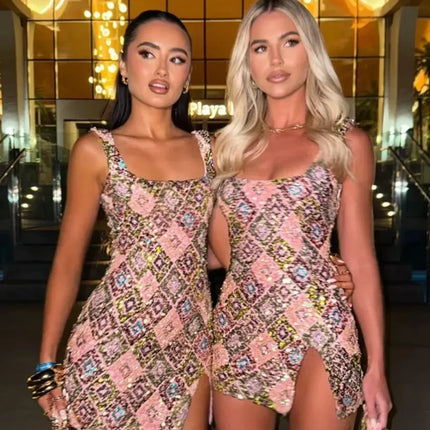 Colorful Rhombus Sequins Sexy Mini Dress Elegant Chic Straps Slit Bodycon Party Dresses Summer Holidays Evening Women Dress 2025