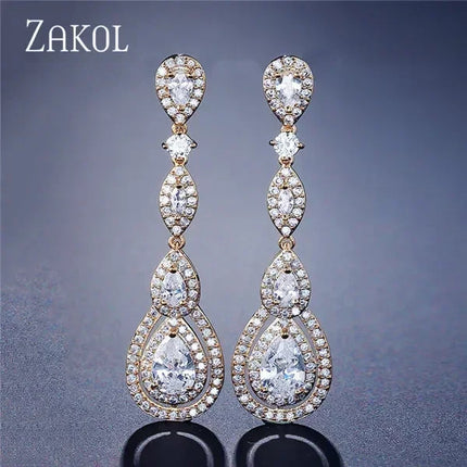 ZAKOL Luxury Water Drop Cubic Zircon Long Dangle Earrings for Women Bridal Wedding Jewelry Dress EP2114