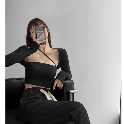 Cropped Tops Women Square Collar Slanted Shoulder Straps Halter Neck Long Sleeve T-shirt