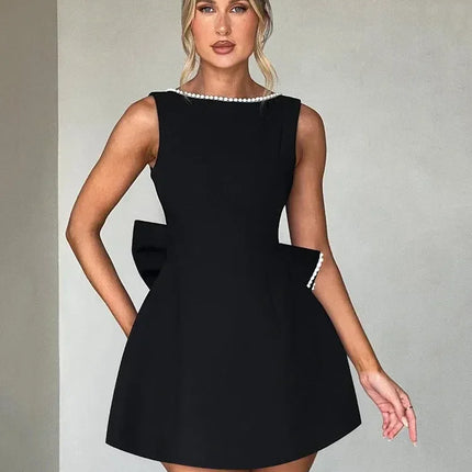 Mozision Pearl Bow Backless Sexy Mini Dress For Women Robe Fashion Zipper Sleeveless High Waist A-line Club Party Dress Elegant