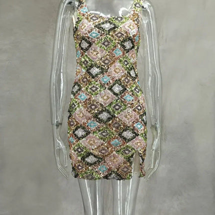 Colorful Rhombus Sequins Sexy Mini Dress Elegant Chic Straps Slit Bodycon Party Dresses Summer Holidays Evening Women Dress 2025