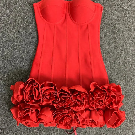 Real Photos Women New Bandage Dress Strapless Laced Up Back Flowers Hem Bodycon Mini Celebrity Evening Party Birthday Dresses