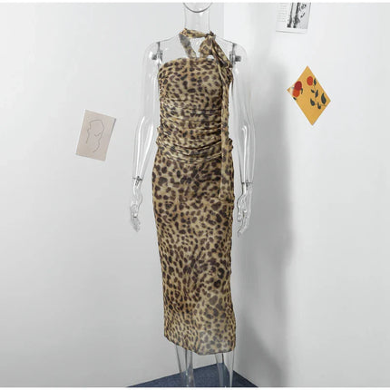 Leopard Print Wrapped Suit Backless Sleeveless Tops Skirts