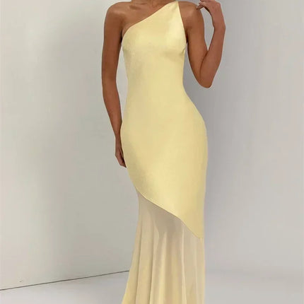 Mozision One Shoulder Backless Sexy Maxi Dress Women Gown Fashion Patchwork Sleeveless Bodycon Club Party Long Dress Elegant