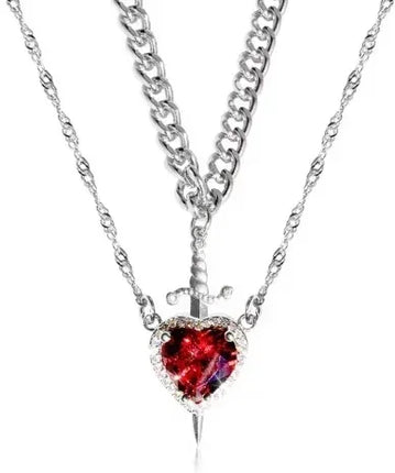 Heart and Sword Necklace Set of 2 - 18K Gold Plated STAINLESS STEEL Crystal Couple Necklaces for Women Men Boyfriend Girlfriend