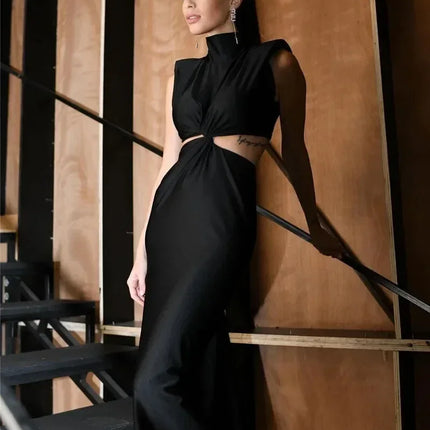 Mozision Hollow Out Turtleneck Sexy Maxi Dress For Women Fashion Solid Sleeveless Bodycon Tank Dresses Femme Club Party Dress