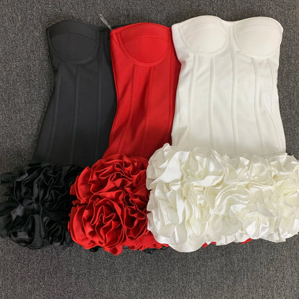 Real Photos Women New Bandage Dress Strapless Laced Up Back Flowers Hem Bodycon Mini Celebrity Evening Party Birthday Dresses