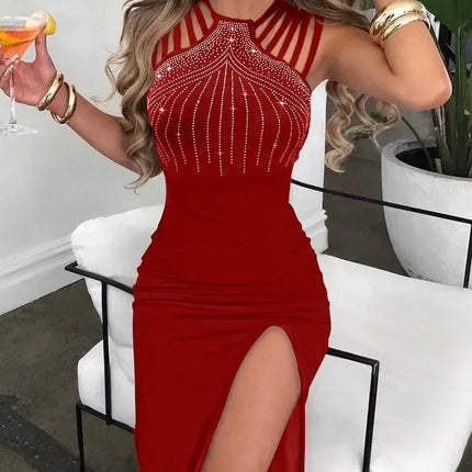 Women Spring Summer Glitter Lurex Halter High Slit Slim Fit Metal Chain Mid-Calf Bodycon Party Dress Sexy