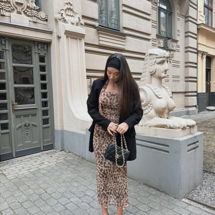 Leopard Print Wrapped Suit Backless Sleeveless Tops Skirts