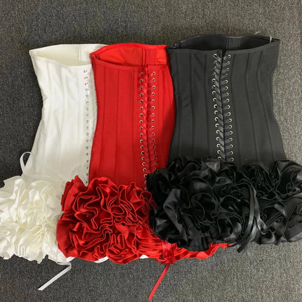 Real Photos Women New Bandage Dress Strapless Laced Up Back Flowers Hem Bodycon Mini Celebrity Evening Party Birthday Dresses