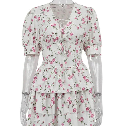 Clacive Summer Slim Print Women's Dress 2024 Sexy V-Neck Short Sleeve Mini Dresses Elegant High Waist Pleated Female Dress