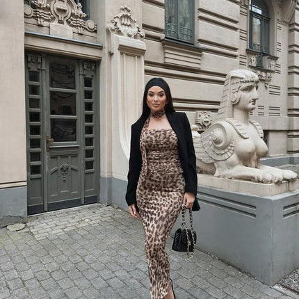 Leopard Print Wrapped Suit Backless Sleeveless Tops Skirts