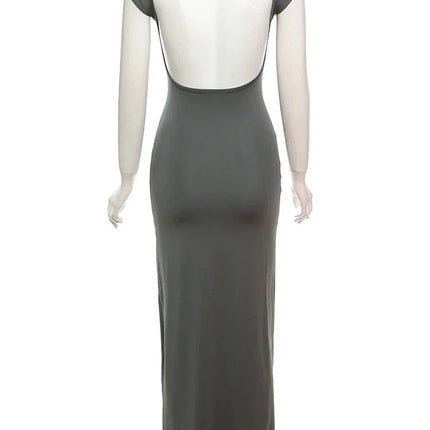 Elegant Short Sleeve Bodycon Maxi Dress O-neck Backless Lady Dresses