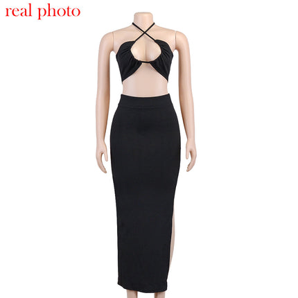 Cryptographic Bandage Cut Out Sexy Halter Neck Top and Skirts Set Gathered Elegant