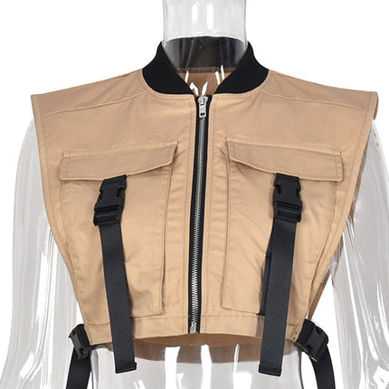 Women Sleeveless Pockets Buckle Zipper Sexy Cropped Jacket Vest Top 2022 Spring Harajuku Party