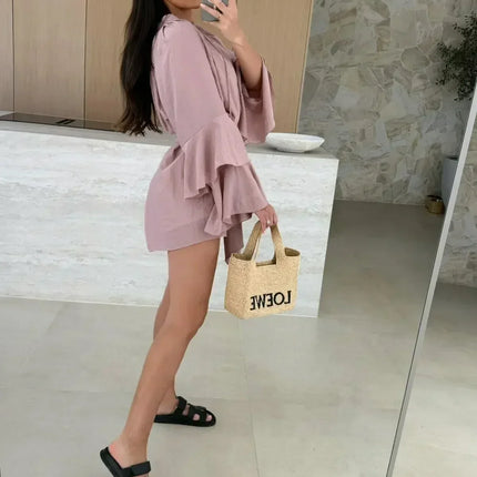 Elegant Fold Dress Women Brown Deep V-neck Long Sleeve Mini Dresses Female 2025 Spring Summer Fashion Loose Lady Vestidos