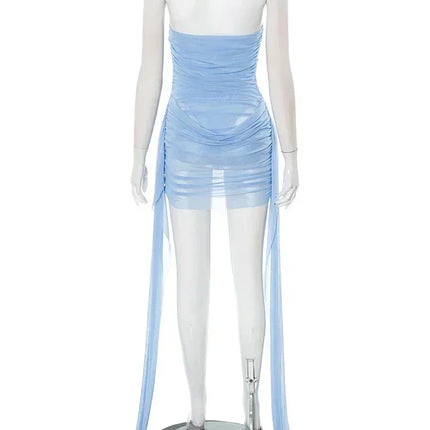 Weird Puss See  Through Dress Women Backless Sleeveless Tassel Double Deck Pleated Sexy Midnight Clubwear Party Mini Bodycon