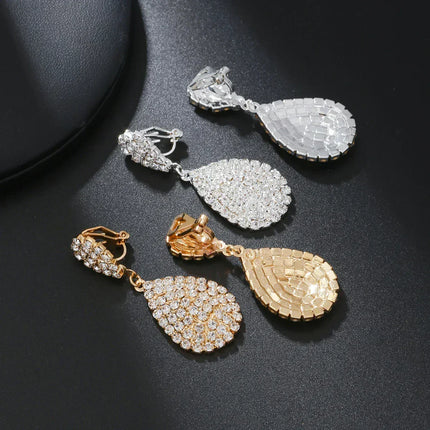 Water Drop Clip On Earring Cubic Zirconia Crystal Dangle Earrings Statement Earrings no pierced for Women Wedding Bridal jewelry