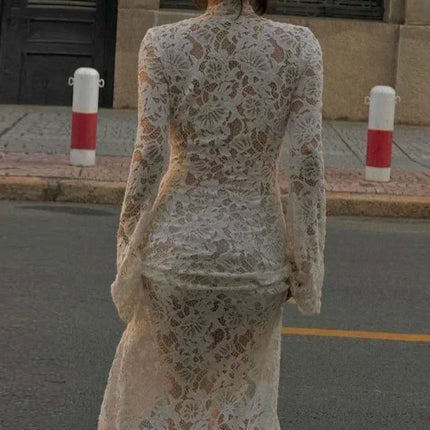 Weird Puss Embroidery Ruffles Dress Women Sexy Deep V-Neck Slits See Through Solid Tassel Petal Cuffs Street Elegance Vestidos