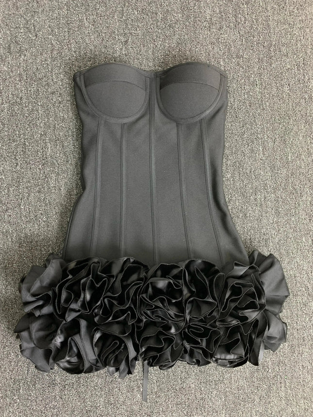 Real Photos Women New Bandage Dress Strapless Laced Up Back Flowers Hem Bodycon Mini Celebrity Evening Party Birthday Dresses