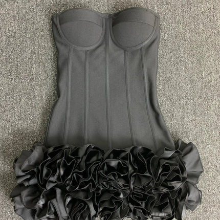 Women Red Evening Bandage Dress Hot Strapless Bodycon Flowers Hem Laced Up Mini Celebrity Birthday Party Dresses One Piece Gala