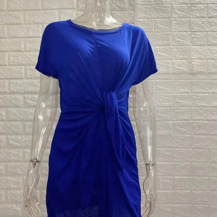Dress Women Summer O-neck Short Sleeve Asymmetrical Lace Up Waist Solid Color Dresses 2022 Casual Vestidos Dropshipping JQMY9675