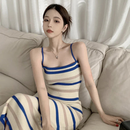Sleeveless Slim fit Knitted Striped Mid Length Dresses