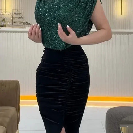 Lady Fashion Sleeveless Draped Split Dress Casual O Neck Sequin Splicing Party Dress 2025 New Year Elegant High Waist Long Dress